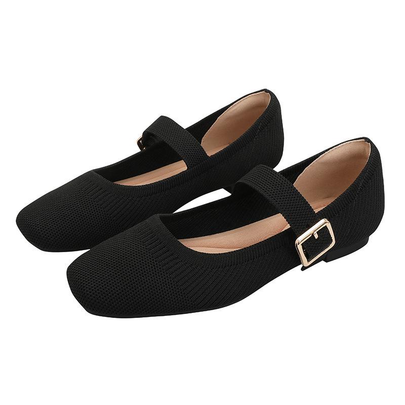 Spring and Autumn Flying Knitting One-word Buckle Belt Mary Jane Shoes Women's Knitting Square Head Flat Bottom Single Shoes Shallow Mouth Casual