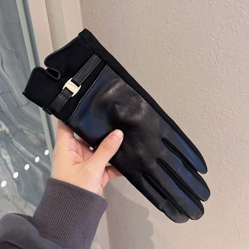 Leather Gloves Winter Women's Velvet Thickened Warm Windproof Cold Outdoor Riding Electric Car Can Be Five Fingers Tide