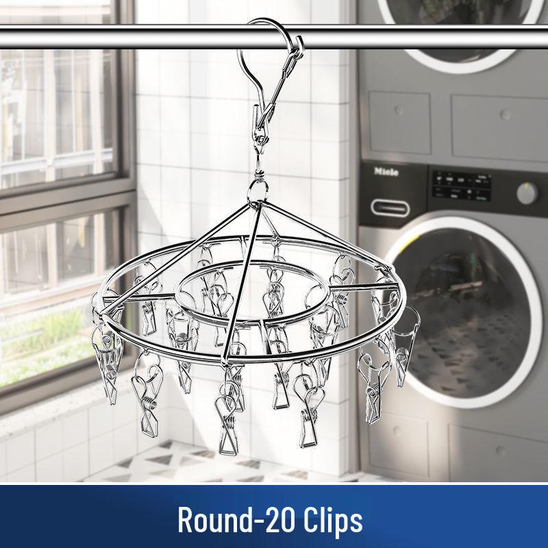 Stainless Steel Multifunctional Windproof Sock and Clothes Hanger with Clips for Home and Dorm Use.