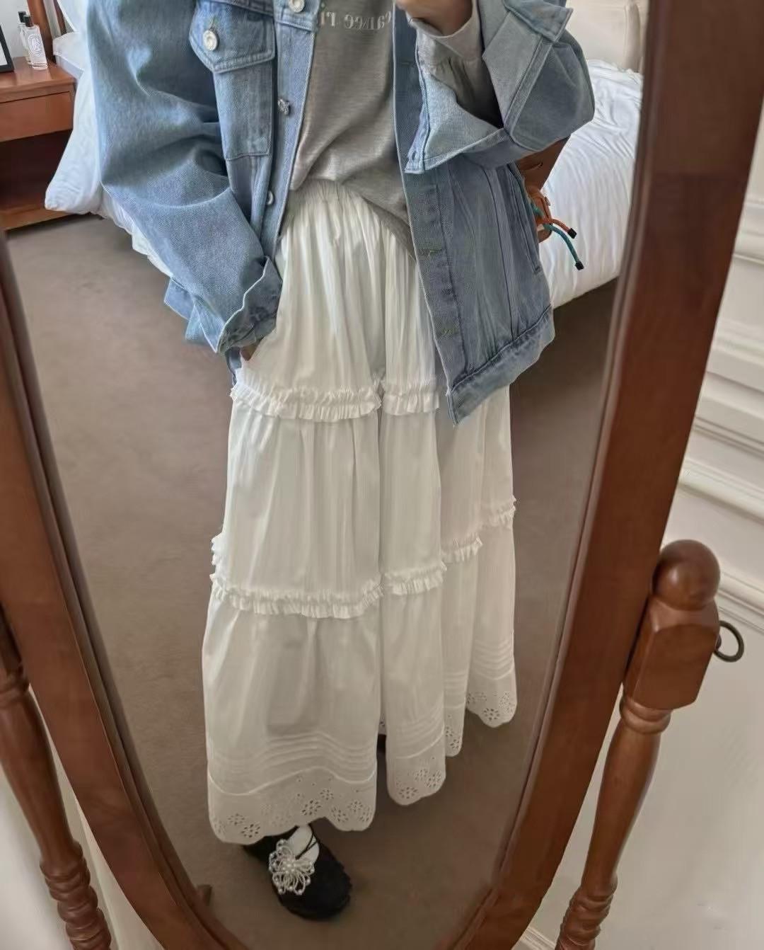 Spring 2026 Korean Style White Moonlight Cotton Midi Skirt One Size белый