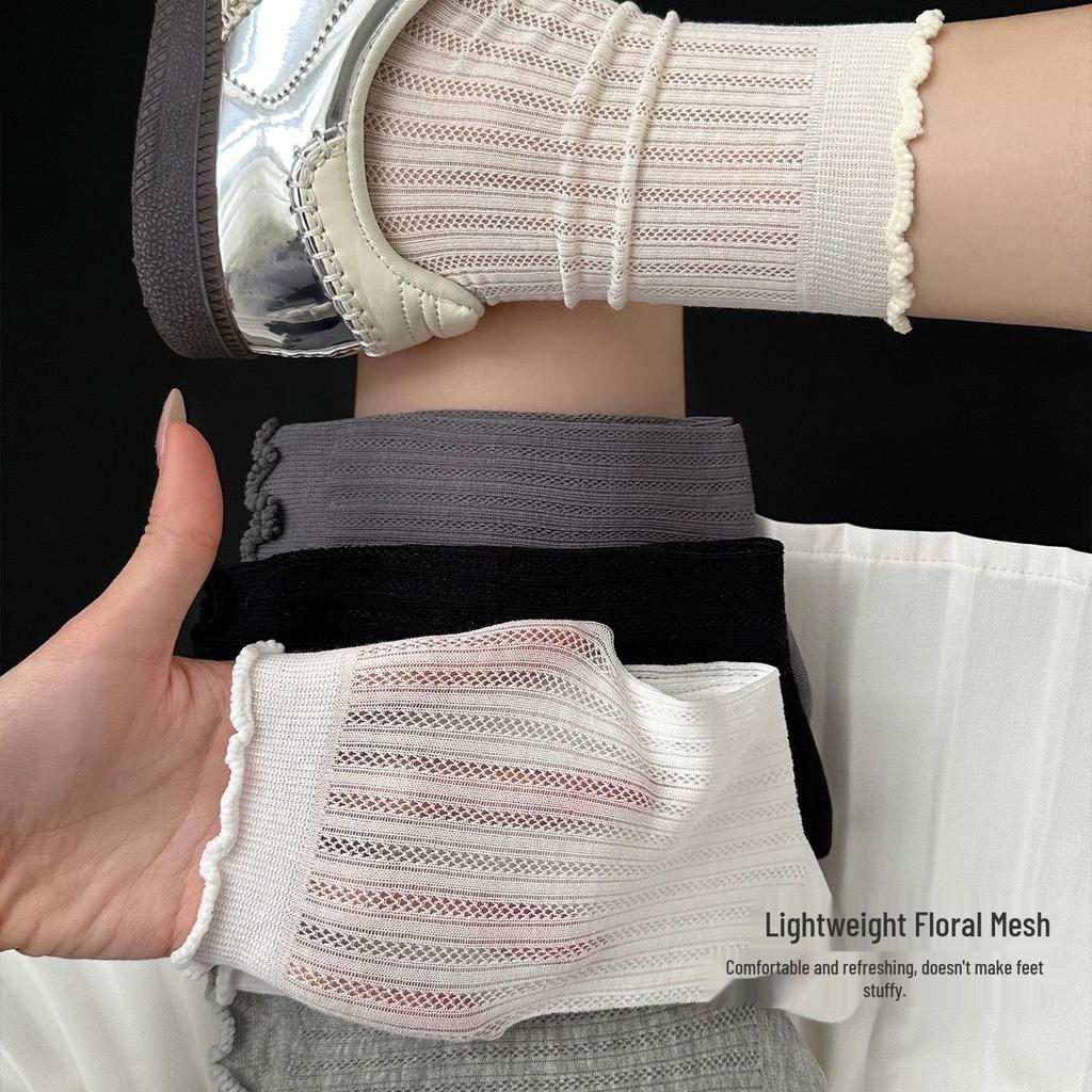 Women's Cotton Breathable Mesh Lace Socks - Elastic, Seamless, Sweat-Absorbent, Mid-Calf Length