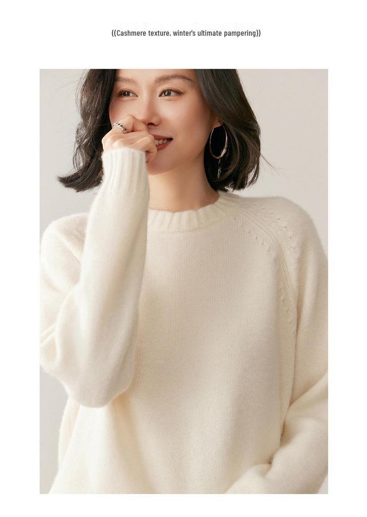 Women's Thickened Cashmere Raglan Sweater: Double-Layer, Loose Fit, Round Neck, Fashionable Knitted Base Layer, Lazy Style
