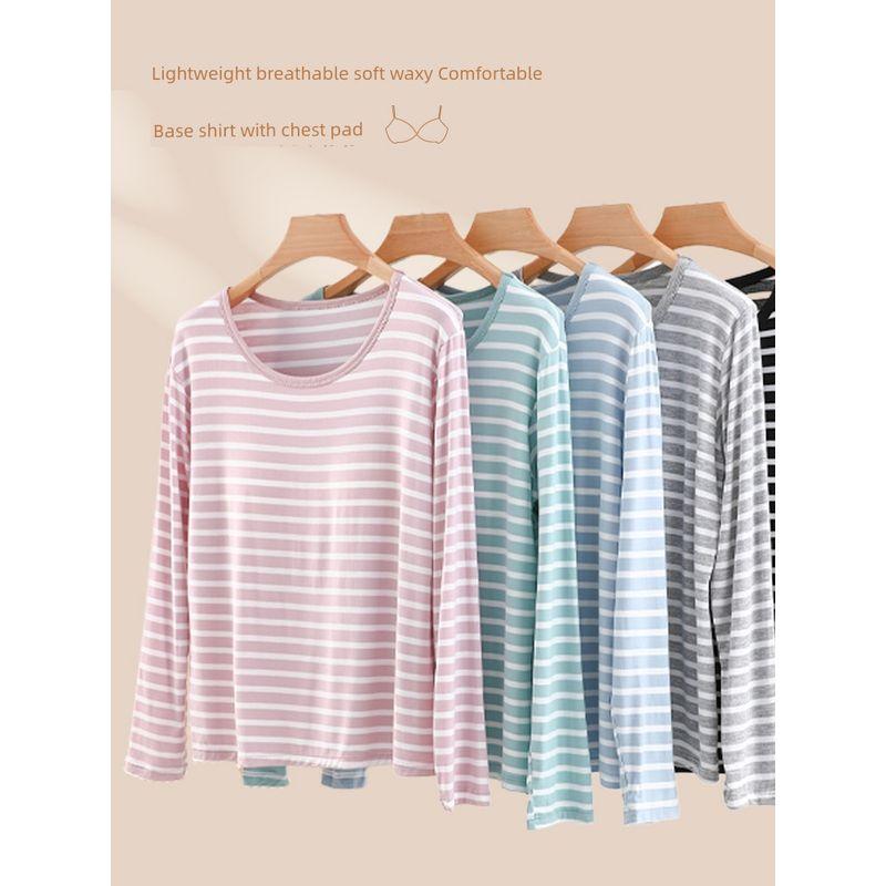 Thin Stripes Chest Pad T-shirt Long Sleeve Modal Bra-Free Undershirt Outwear Loose Easiest for Match Homewear Tops