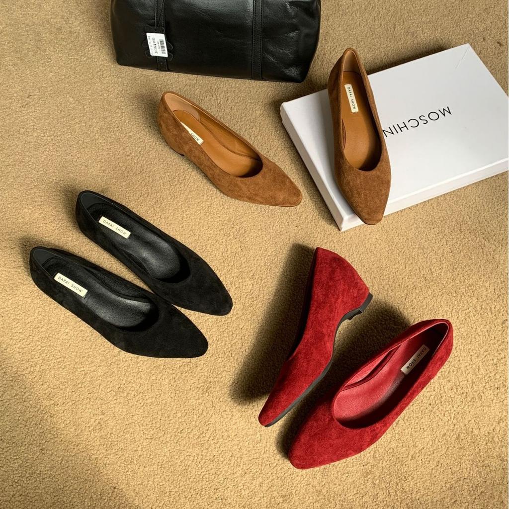 2025 new pointed suede short thick heel shallow mouth versatile set feet OL women's single shoes commuter work women's shoes