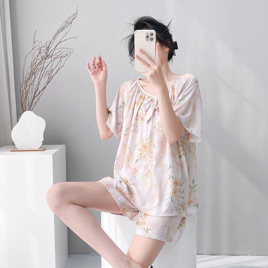 1011 New cotton and silk pajamas women's spring summer short-sleeved shorts printed suit cute fashion loungewear