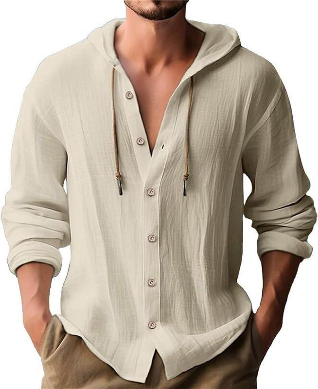 American Linen Men's Shirt, Fashionable and Casual Summer Breathable Thin Hooded Short-sleeved Cardigan Jacket