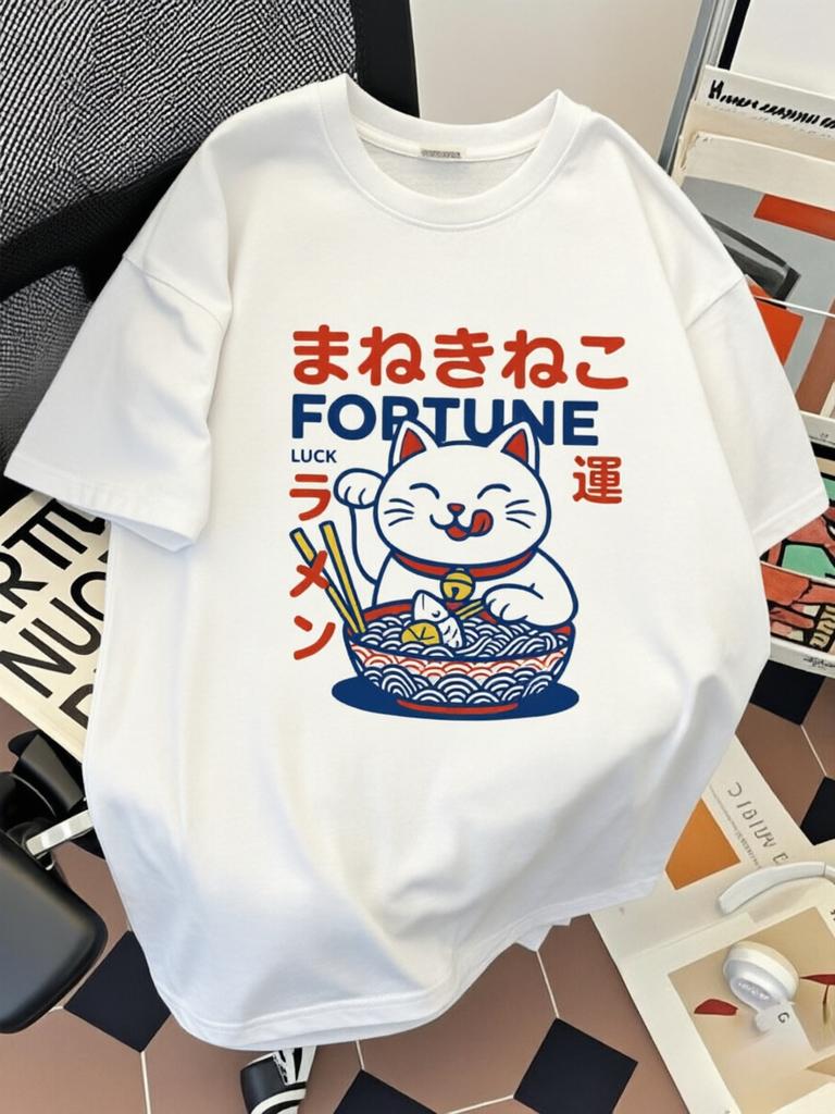 Kawaii Fortune Unisexeki Neko Raunisex Cat Graphic T Shirt Japanese Kanji Print Harajuku Aesthetic Unisex Loose Short Sleeve Tops