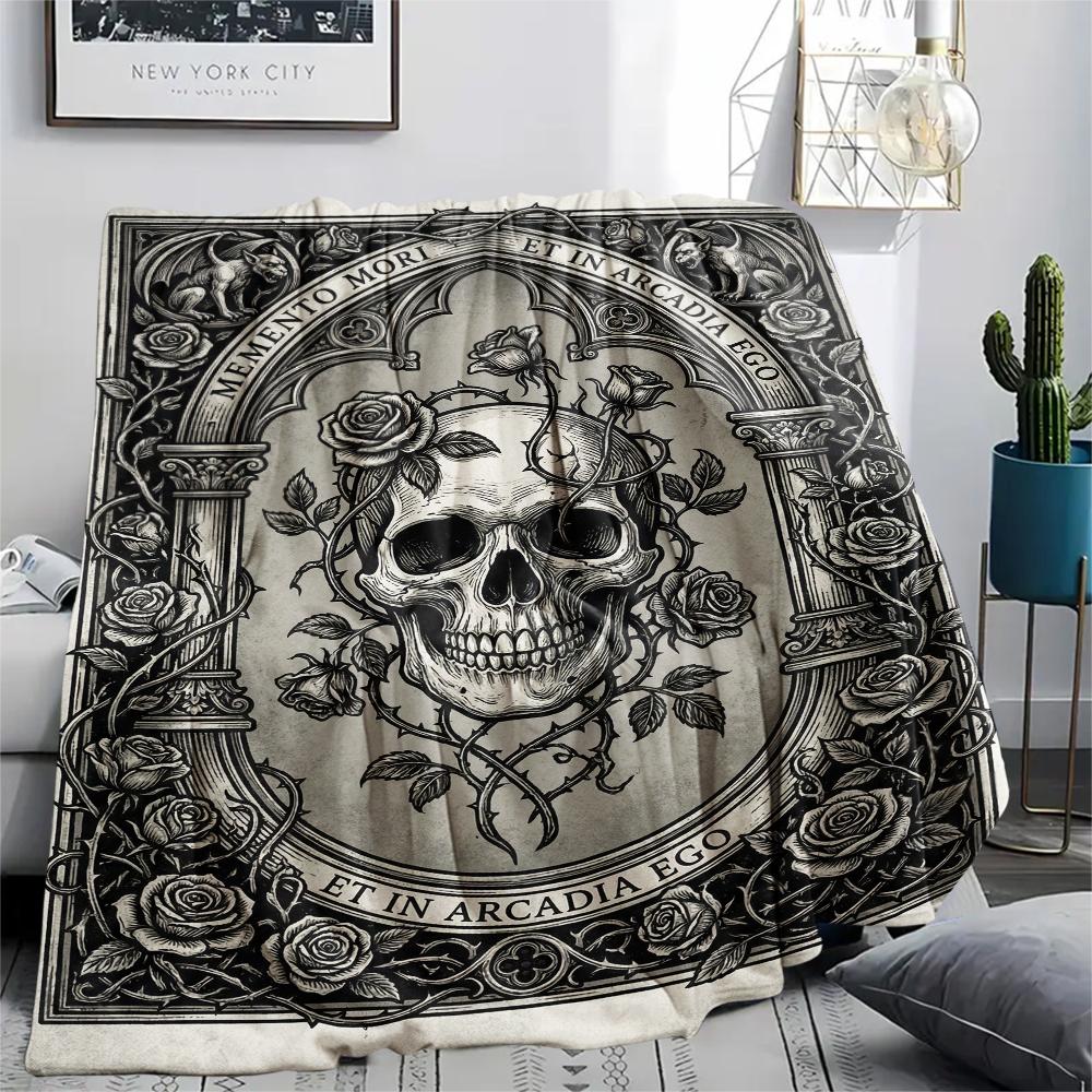 Skull Gothic Print Flannel Blanket, High Quality Comfortable for All Seasons, Home Decor, Warmth and Comfort, Perfect for Christmas Gifts102