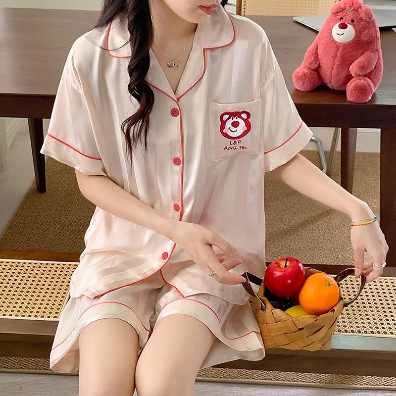 Light Luxury Sweet Strawberry Bear Cartoon Pattern Cute Summer Short Sleeve Shorts Set Loungewear
