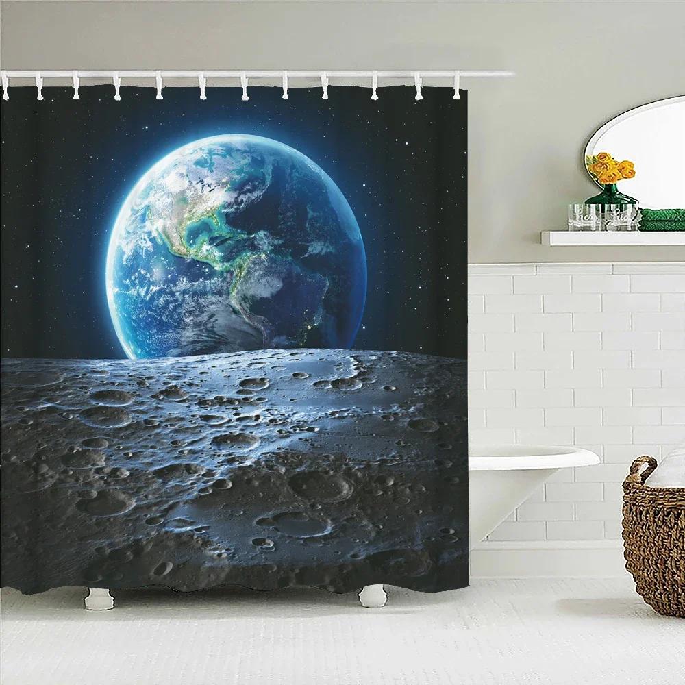 Earth Moon Starry Sky Scenery Printing Shower Curtains Bathroom Curtain Waterproof Fabric With Hooks Home Decoration Bath Screen