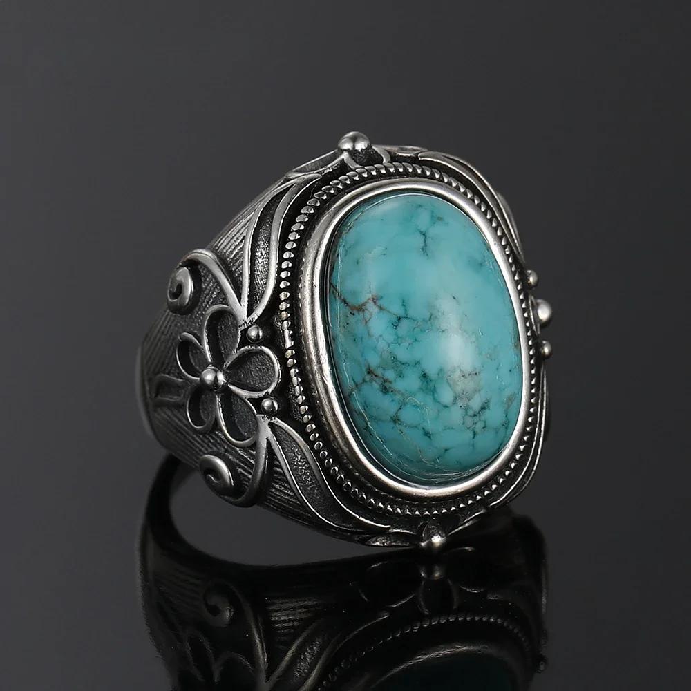 S925 Silver Vintage Ring With Natural Turquoise Stone Rings Oval and Round Shape Flower Carved Rings For Women Men