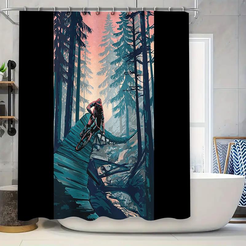 Mountain Bike Shower Curtain Nature Forest Scenic Outdoor Adventure Sports Gym Decor Waterproof Bathroom Fabric 90x180cm