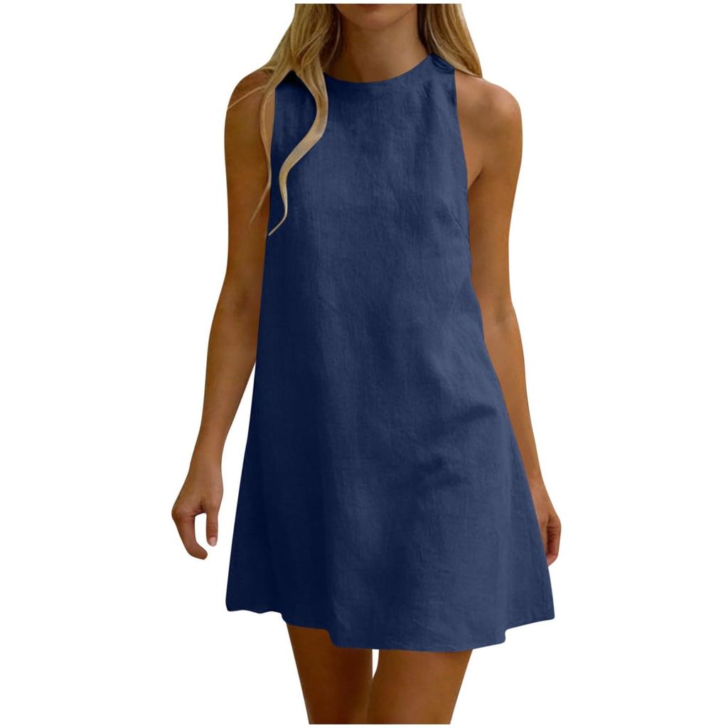 Sleeveless Pleated Dress Round Neck Short Dress Casual Vacation Dress Lightweight Summer Dress for Women