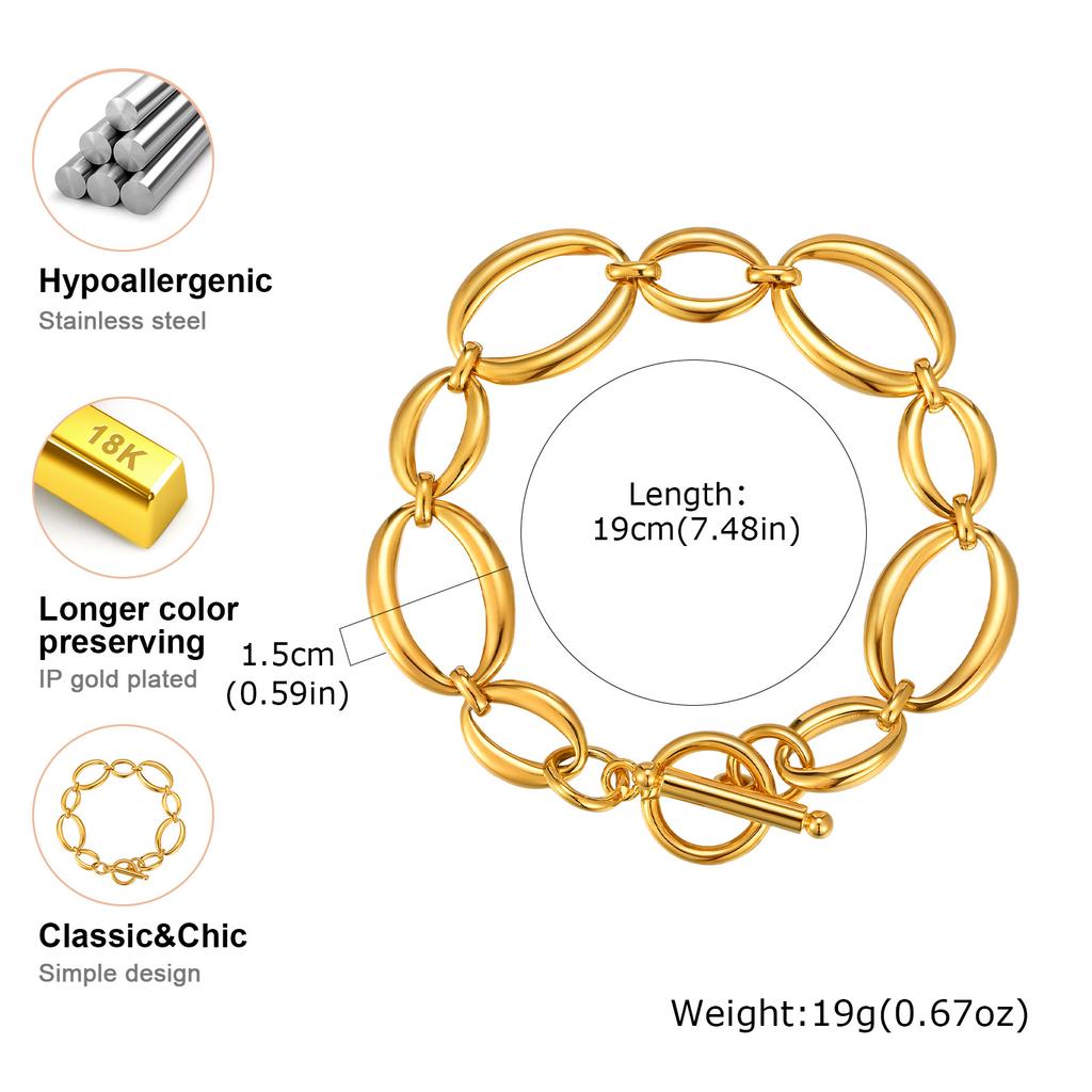 Stainless Steel Geometric Link Chain Bracelets for Women, Toggle Clasp Bangle, Minimalist Jewelry Wholesale