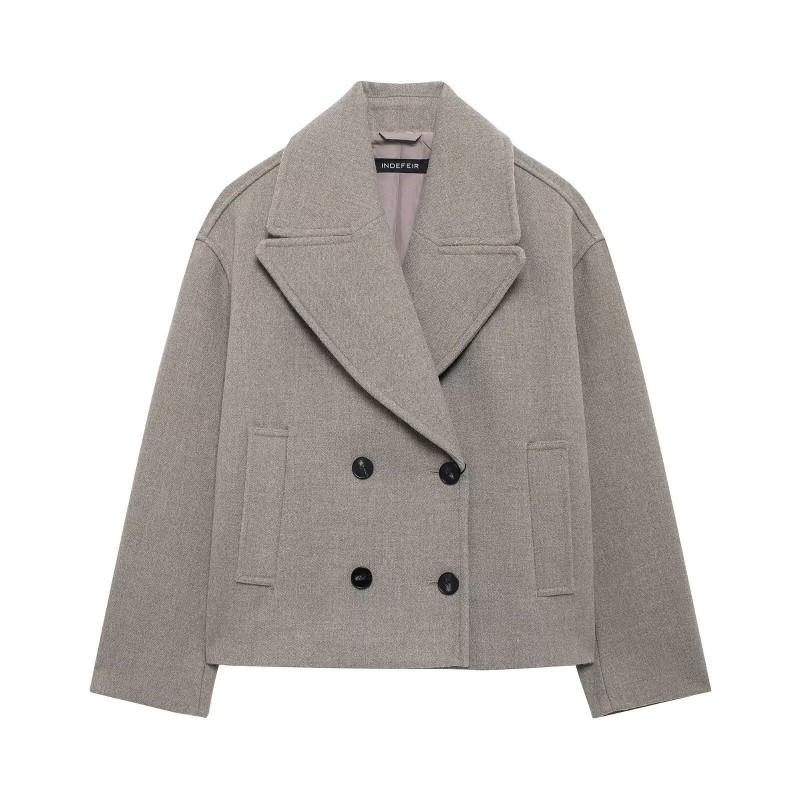 Womens Double-Breasted Wool-Blend Trench Coat With Notched Lapel Loose Fit Office Chic Outerwear In Khaki Black