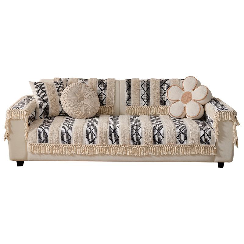 Anti-Cat Scratch Cotton And Linen Sofa Cover All-Inclusive Universal Cover All Seasons Universal Simple Geometric Fringed Sofa Cover Cover