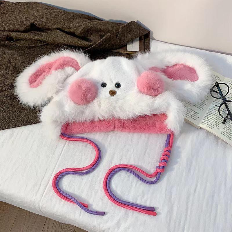 

Теплая милая женская шапка с подвижными плюшевыми ушками в виде щенка, осенне-зимняя, милая, для девочек, утолщенная, морозостойкая, вязаная шапка для защиты ушей as the picture