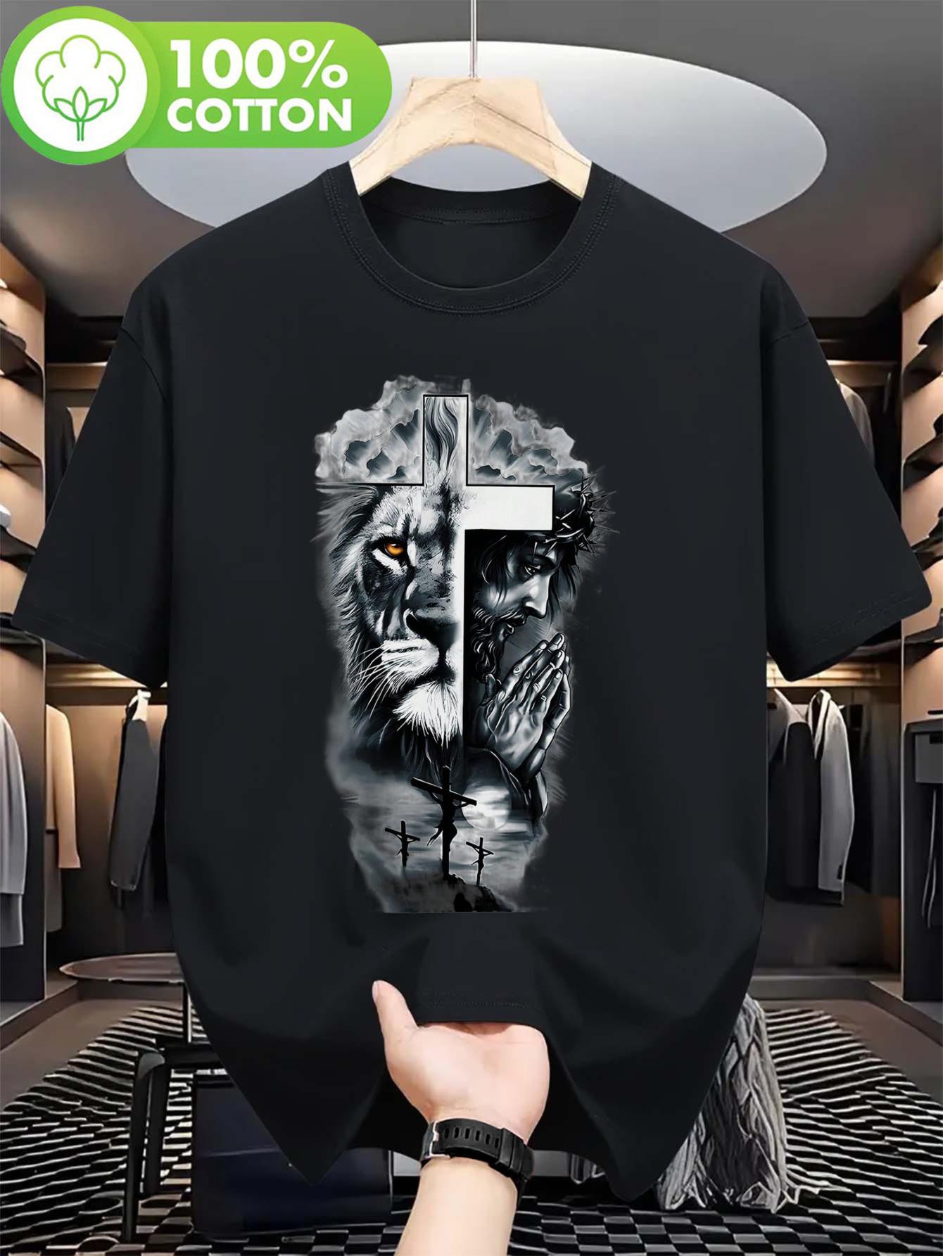 

Plus Size Lion & Prayer Figure Graphic Print T-shirt - 100% Cotton Breathable Regular Fit Round Neck Casual Tee for Spring Summer Fall XXXXL