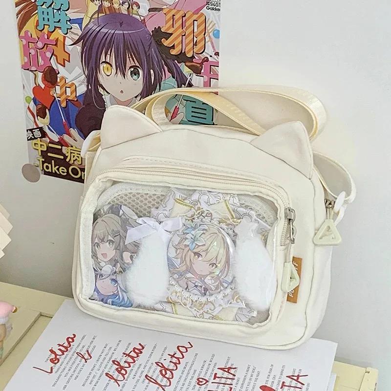 Casual Nylon Crossbody Ita Bags Women DIY Anime Badge Aesthetic Mini Crossbody Shoulder Bolso Mujer Funny Y2K Cat Ears Bag