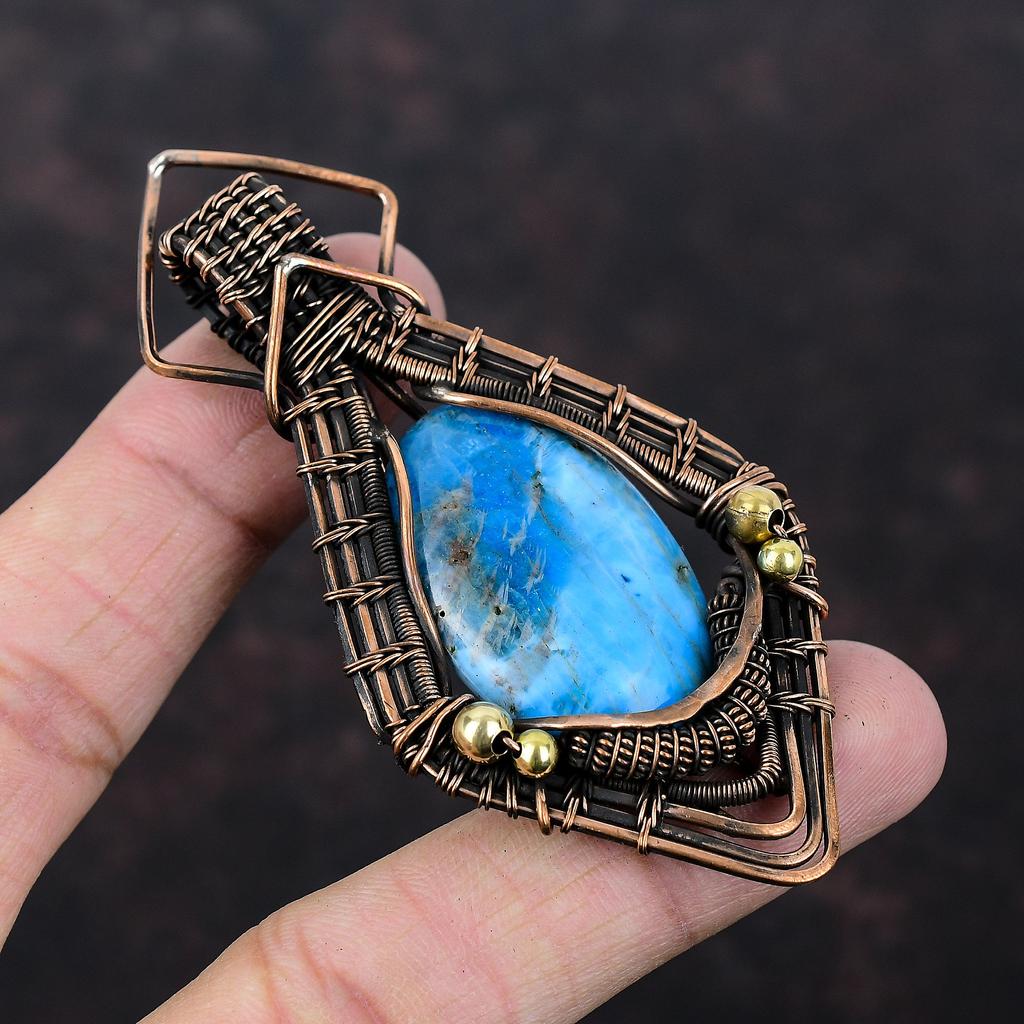 Neon Apatite Pendant Copper Wire Wrapped Pendant Gemstone Copper Jewelry Handmade Ethnic Pendant Wire Wrapped Neon Apatite Jewelry For Gift