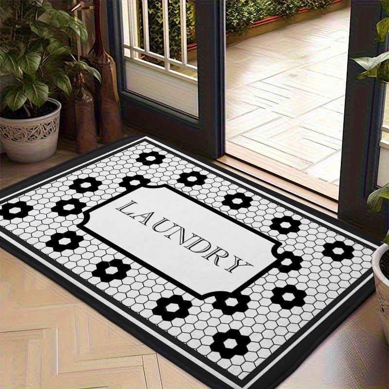 Retro Laundry Room Doormat Black White Flower Tile Rug Vintage Hexagon Pattern Non-Slip Floor Mat for Home Utility Room Decor 40x60cm
