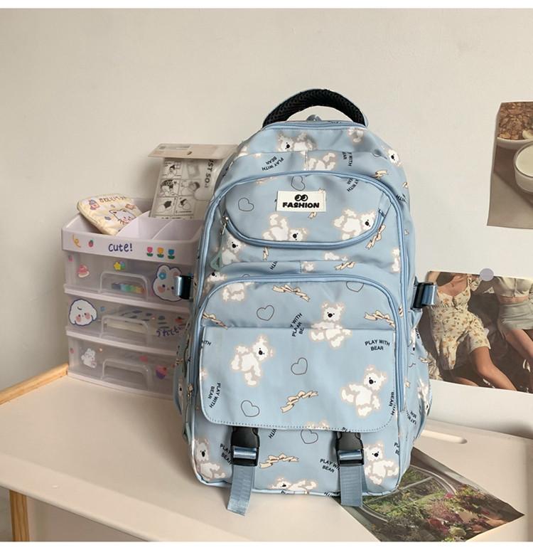 Trendy Black And Pink Casual Backpack For School Travel With Bear Print Design