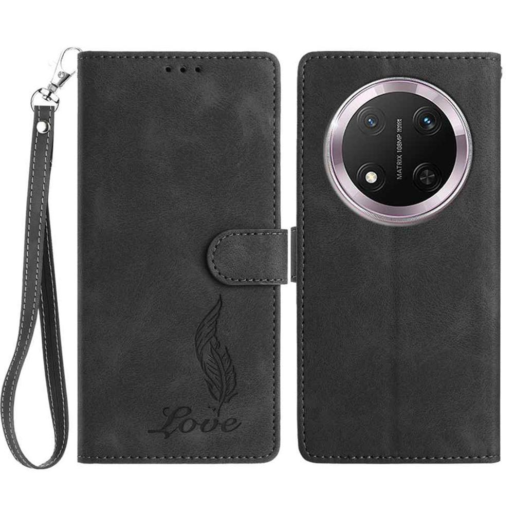 Etui na Honor X9c 5G z nadrukiem pióra, portfel ze skóry PU, pokrowiec na telefon z paskiem na nadgarstek