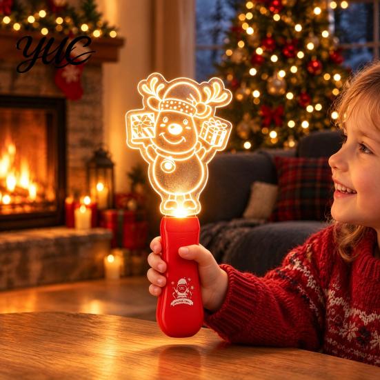 Santa Claus Projection Lamp Christmas Stage Light Toy for Kids, Musical Handheld Glow Stick with Stocking Stuffers Boys Girls Snowman Tree Reindeer