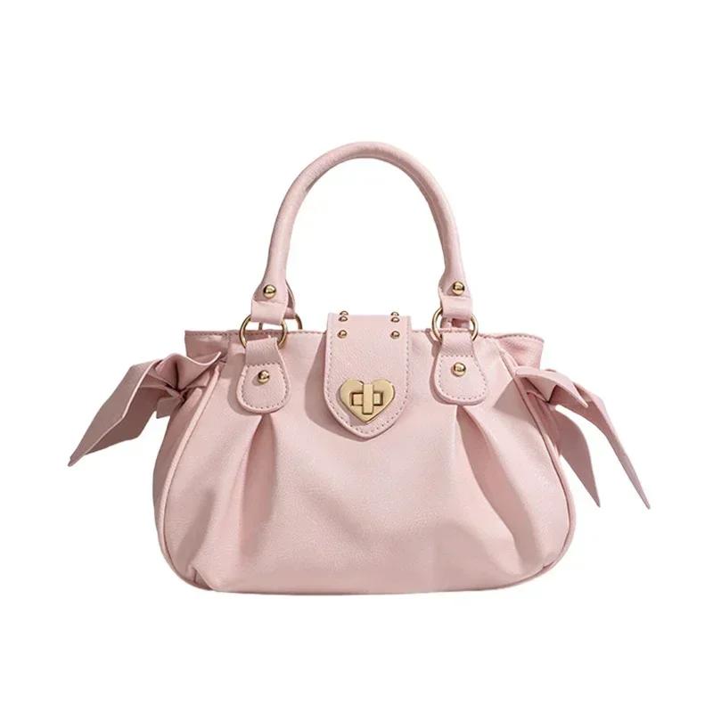 

Women s Sweet Bow Pink Handbag Kawaii Large Capacity PU Leather Shoulder Crossbody Bag with Studs Harajuku Japanese Tote