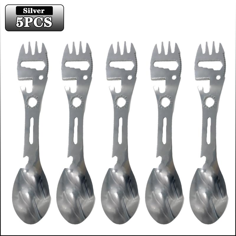1-20PCS 5 In 1 Stainless Steel Fork Spoon Knife Can Opener Bottle Opener Wrench Multifunctional Gear Outdoor Camping Supplies