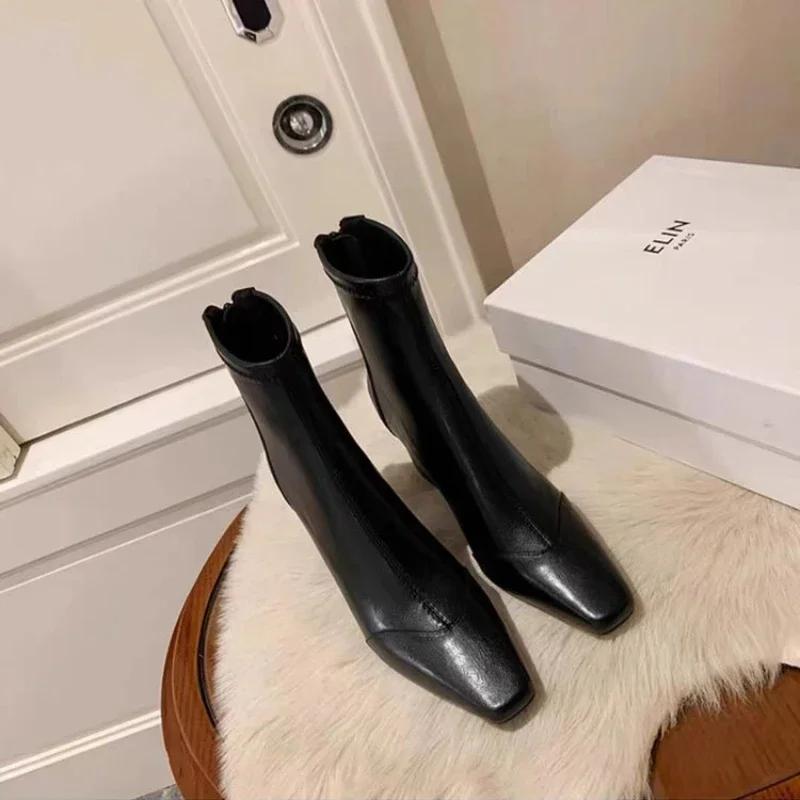 Fashion Women Vintage Ankle Boots Thick Heels Short Boot New Fashion Pointed Toe Zipper Winter Women's Shoes Leather Brown Short Booties