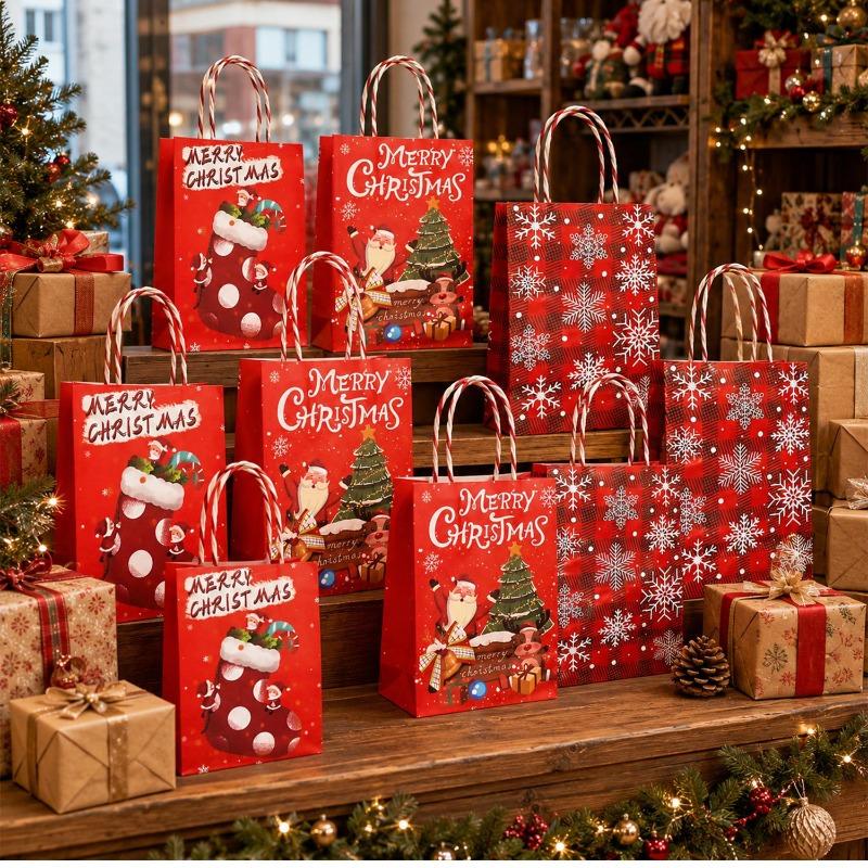 Christmas Kraft Paper Bags Eco Friendly Cookie Packaging Handbags for Kids Candy Snack Storage Xmas Party Decoration Supplies