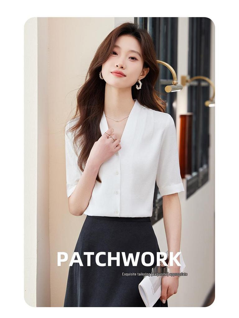 Women's Wrinkle-Resistant Chiffon V-Neck Short Sleeve Blouse - Professional Summer Top