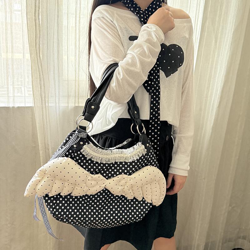 Y2k Polka Dot Wing Tote Bag Double-sided Lace Trim Shoulder Bag Large Capacity Harajuku Style Canvas Handbag Cute Casual Purse