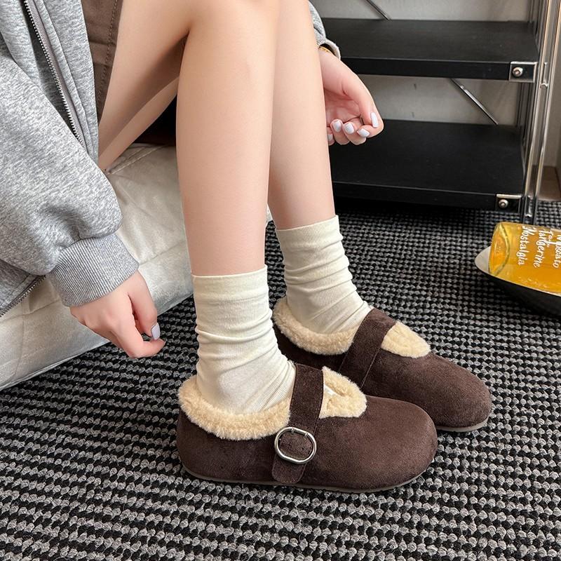 2025 autumn and winter new retro casual Mary Jane velvet belt buckle Doudou flat cotton scoop evening shoes