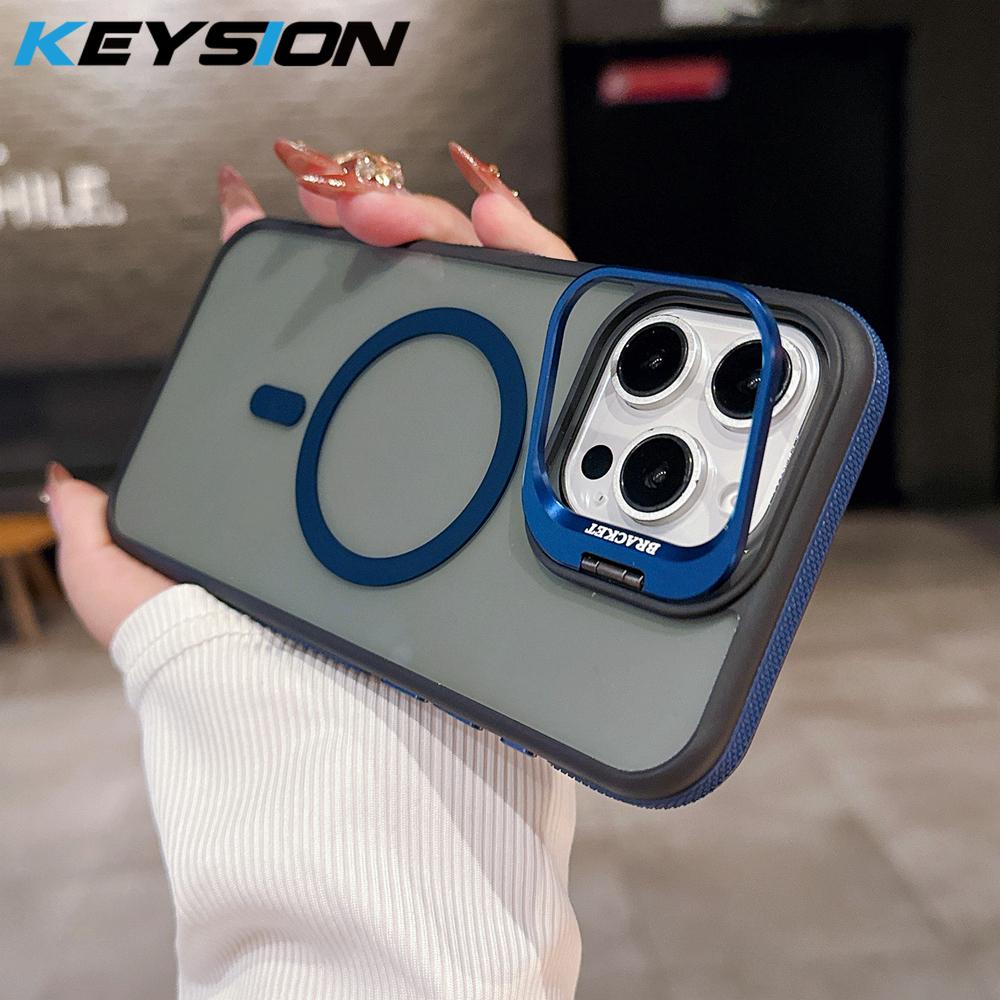 KEYSION Transparent Magnetic Lens Stand Case for MagSafe for iPhone 14 15 16 Pro Max 16 Plus Color Blocking Shockproof Phone Cover
