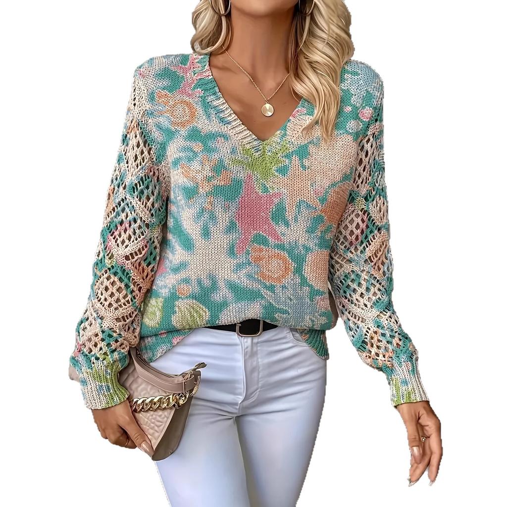 Neues bedrucktes V-Ausschnitt-Oberteil Damen beliebter Pullover Langarm Frühling und Herbst Pullover