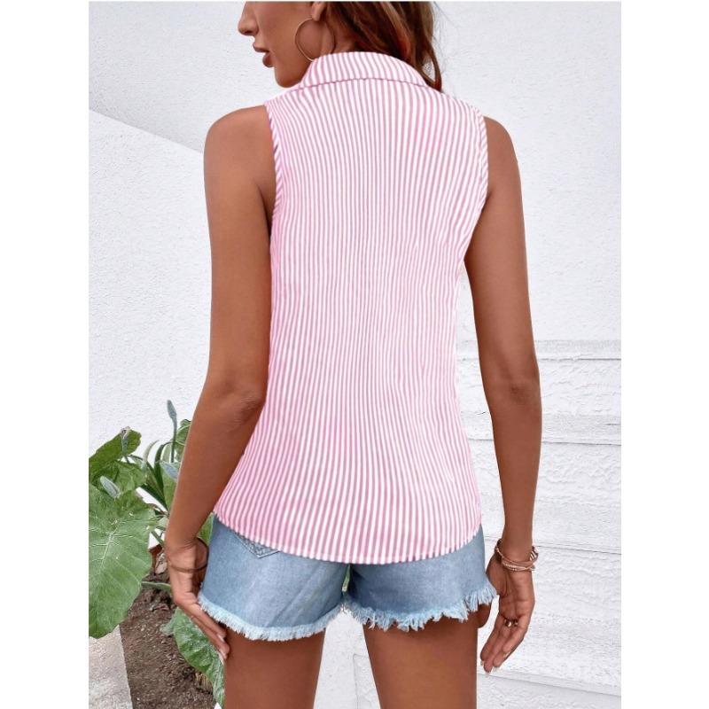 Camisa de Mujer de Verano sin Mangas Holgada a Rayas Elegante Blusa de Oficina Moda Casual Sencilla Dulces Tops Cuello Solapa Ajustado Ropa Streetwear