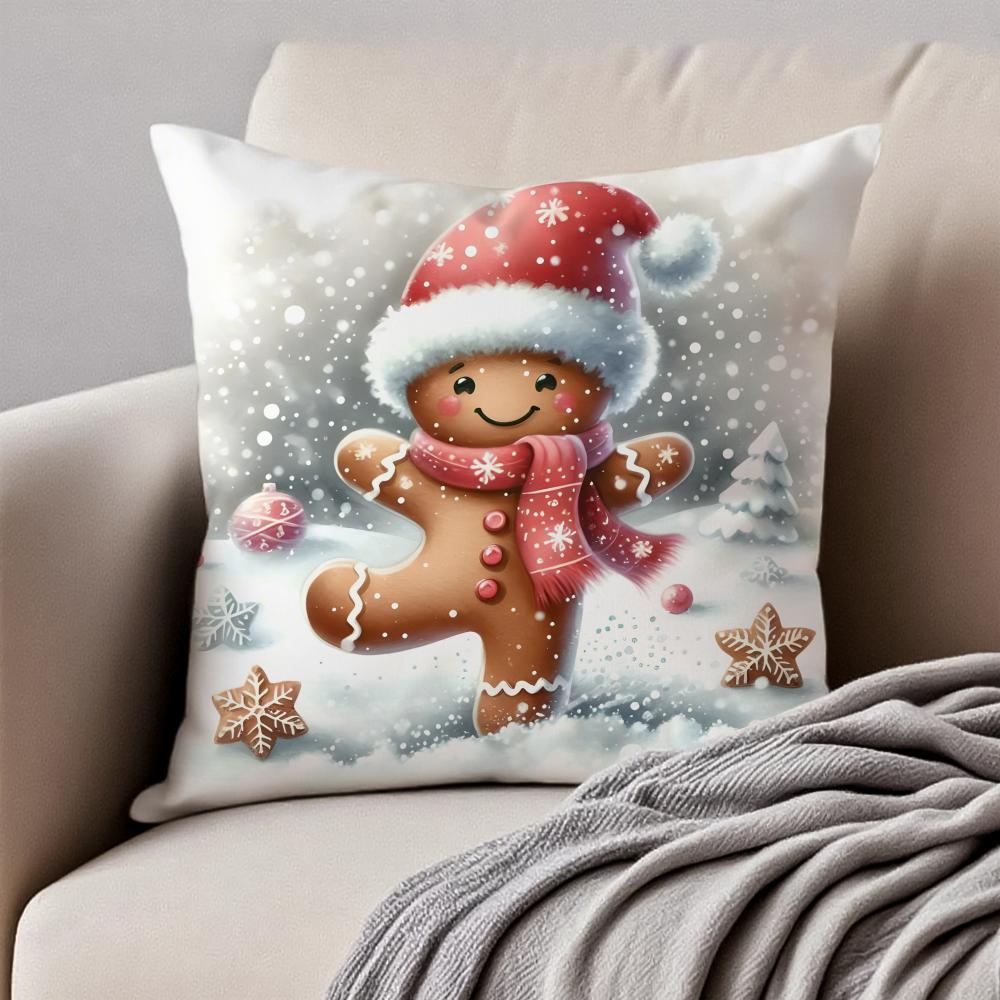 Christmas Gingerbread Man Fun Holiday Cushion Cover Pillowcase Antidustmite Invisible Zipper Short Plush Sofa Cushion
