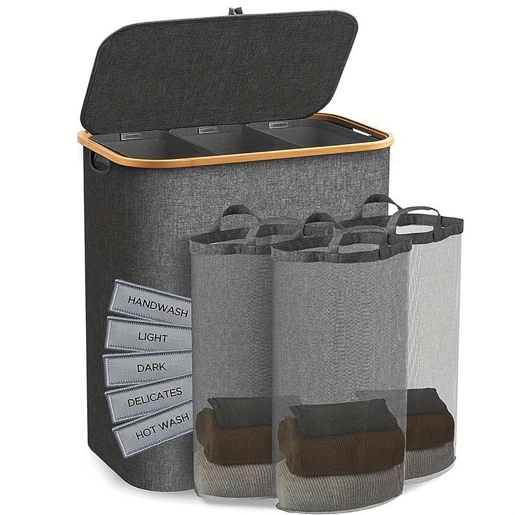 Foldable Bamboo Laundry Hamper with Lid - Oxford Cloth Dustproof Storage Basket