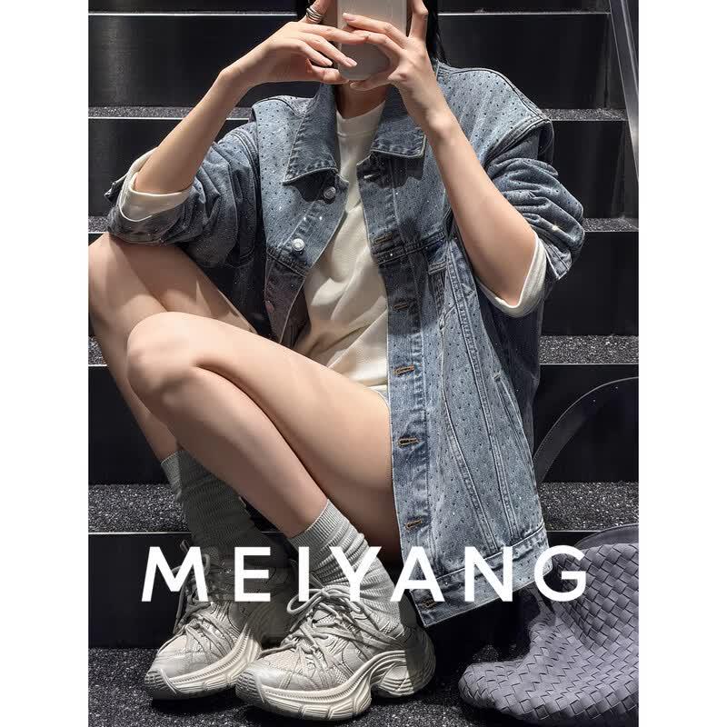 MEIYANG Star-Studded Rhinestone Denim Jacket M