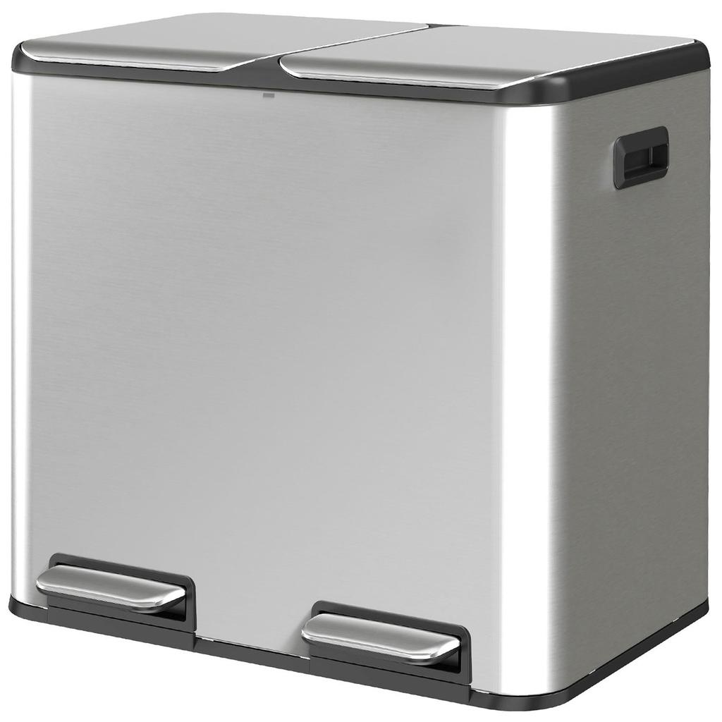 2 X 20L Double Kitchen Bin, Stainless Steel Pedal Rubbish Bin with Dual Compartments, Soft Close Lids, Silver Tone