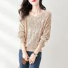 women hollow out knit sweater v neck long sleeve loose fit casual pullover