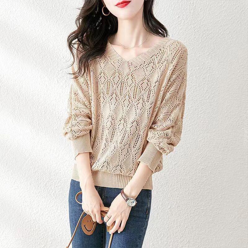 women hollow out knit sweater v neck long sleeve loose fit casual pullover