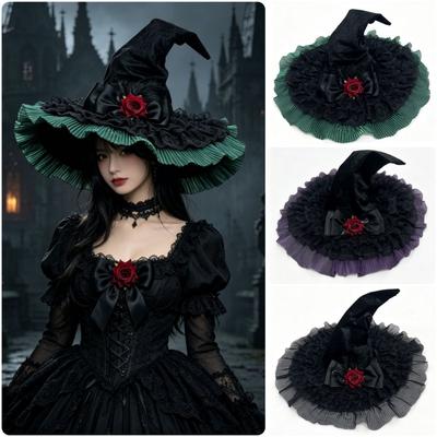 Rosen-Schleifen-Hexe Cosplay Hut Schwarz Grün Lila Spitzhut Kreativer Hut mit breiter Krempe für Erwachsene