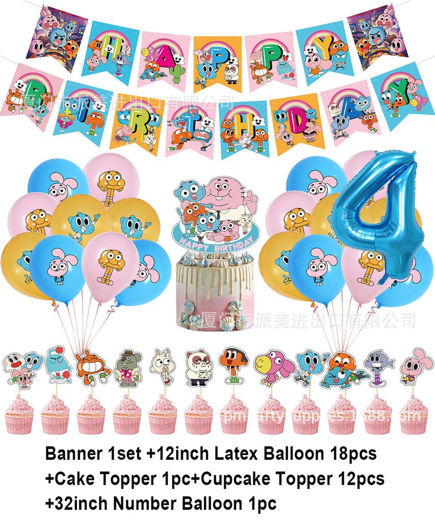 Cartoon Amazing World Birthday Party Decorations Gum&balles Balloon Banner Cake Topper Rabbit Cat Anime Backdrop Kid Favor Gift