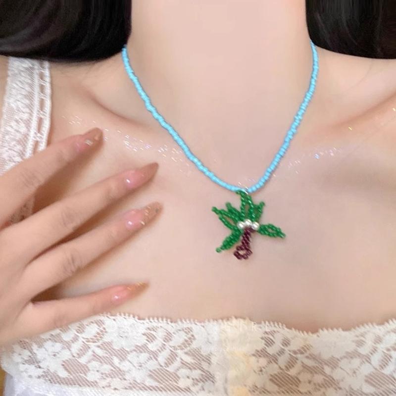 Bohemian Coconut Tree Pendant Necklace With Shell Beads Alloy Acrylic Layer Chain Jewelry for Women Beach Vacation