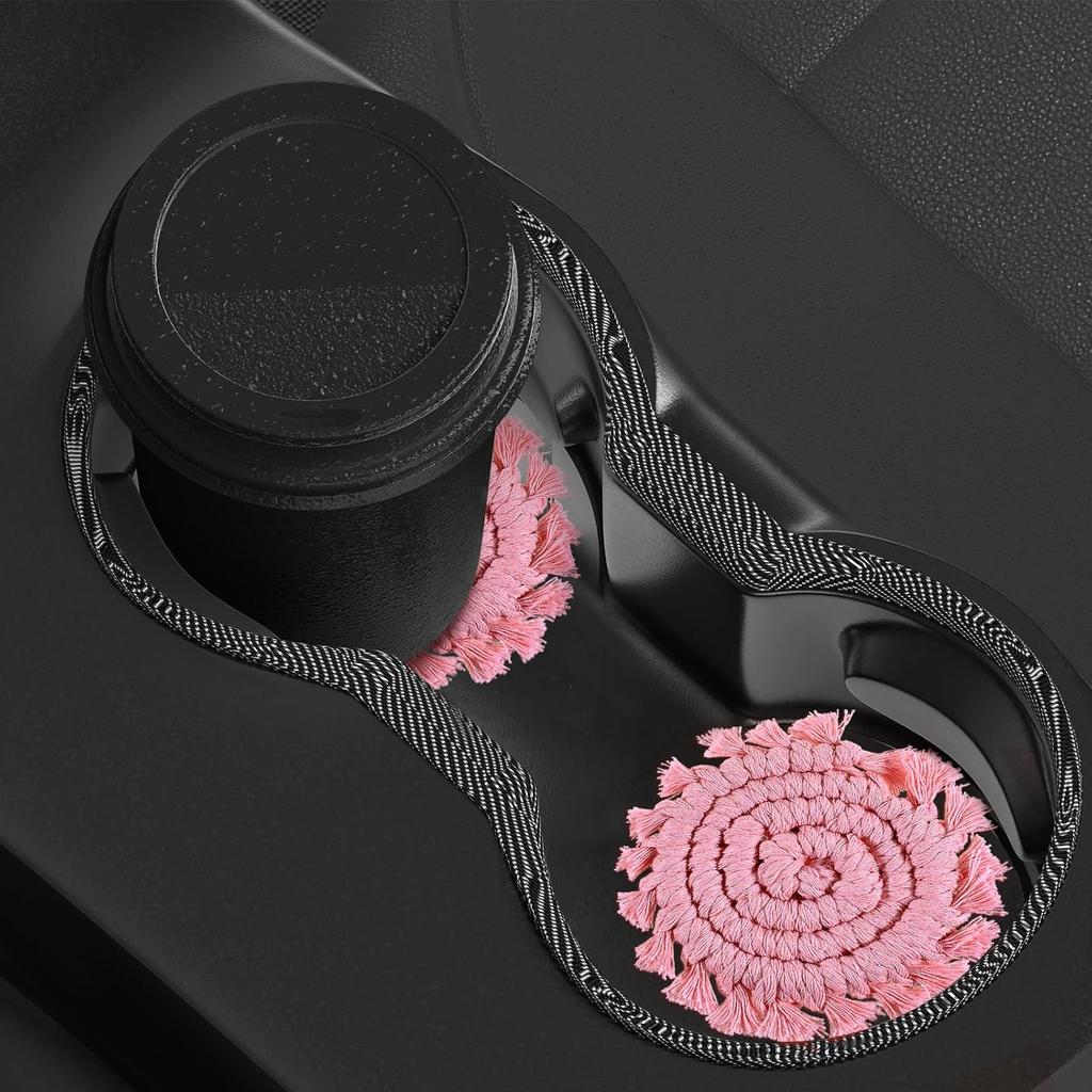 2 Pack Handmade Boho Drink Coaster Holder Cotton Knitted Car Coasters for Cup Holders Universal Auto Macrame Non-Slip Cup Holder Removable Car