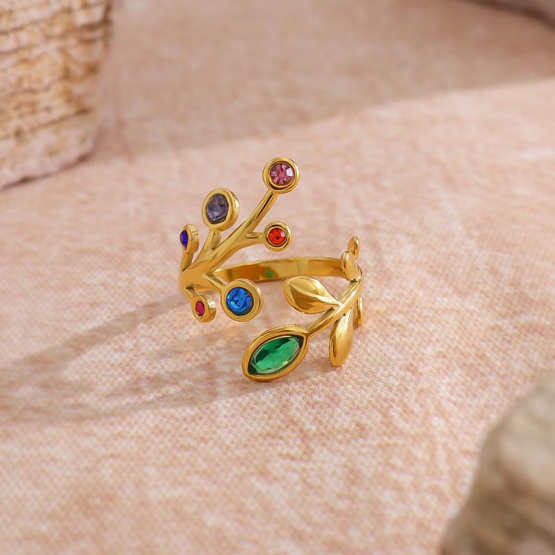 2025 Neuer Regenbogen Zirkon Blattring Damen Titanstahl Verstellbare Öffnung Mode Charme Schmuck Zubehör