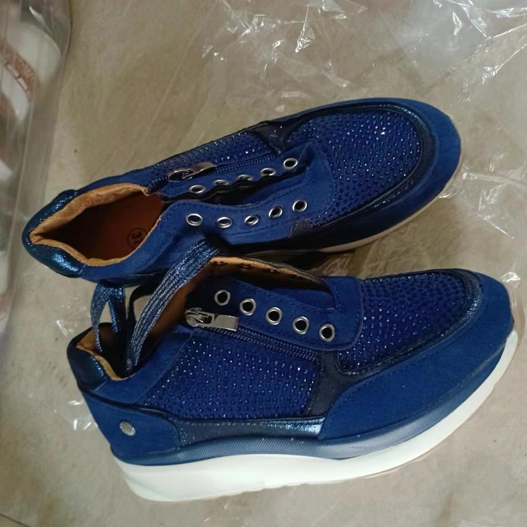 Große Größe Strass Schnürer Casual Damen Muffinsohle Einzelne Schuhe Overalls Runde Zehenpartie Mittlerer Absatz Reißverschlussschuhe